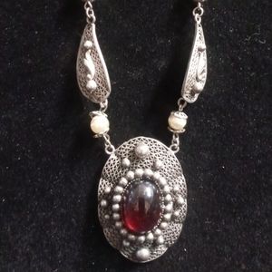 Vintage Victoria Revival Pendant Necklace Silver and Garnet Red Crystal Necklace